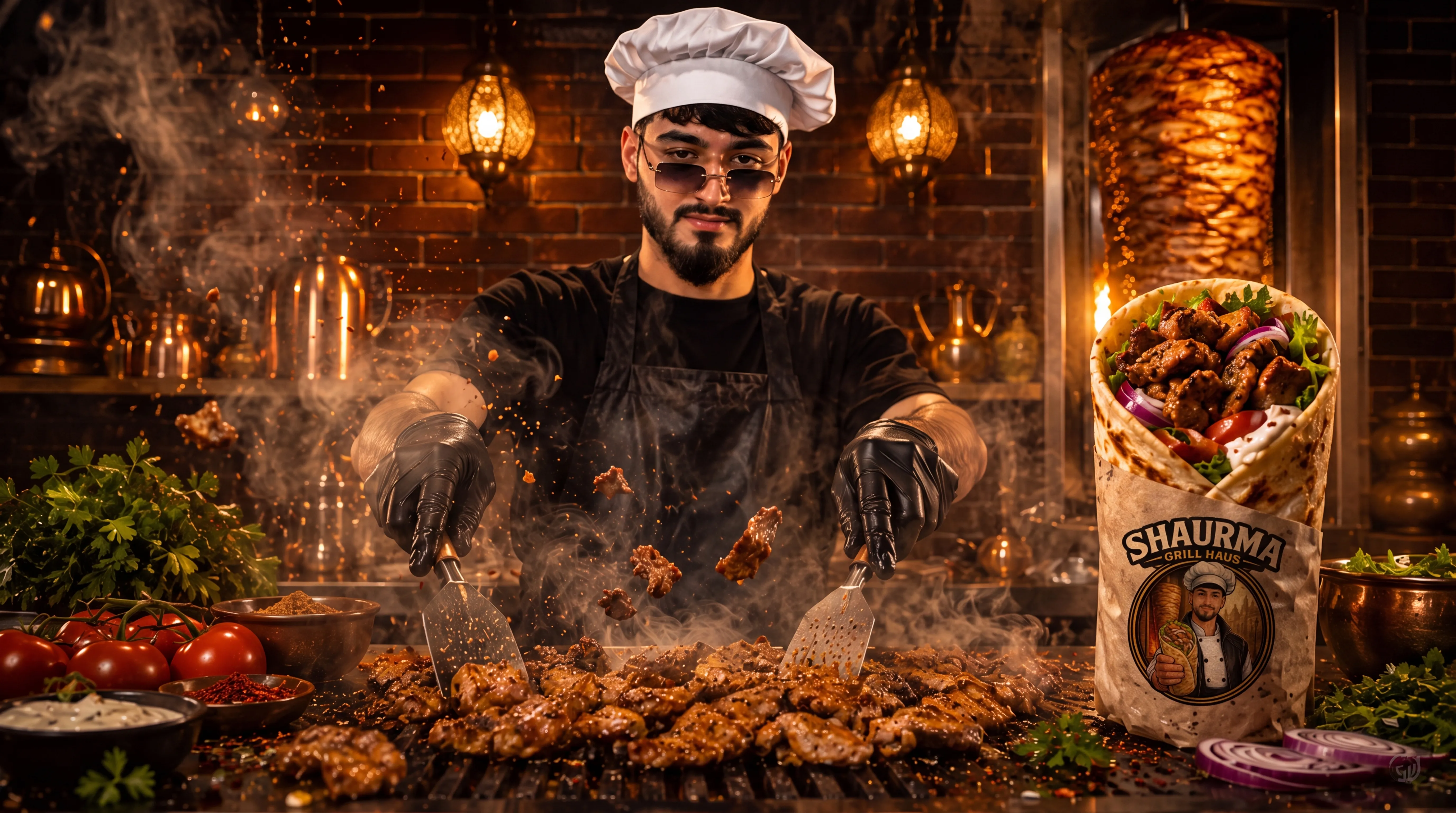 Grillmeister von Shaurma Grill Haus wendet frisch gegrilltes Fleisch über offener Flamme – daneben eine frisch gerollte Shaurma